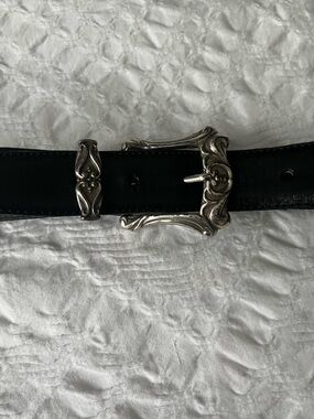 Fossil Black Leather Belt Strap with Embossed Logo silver hardware medium